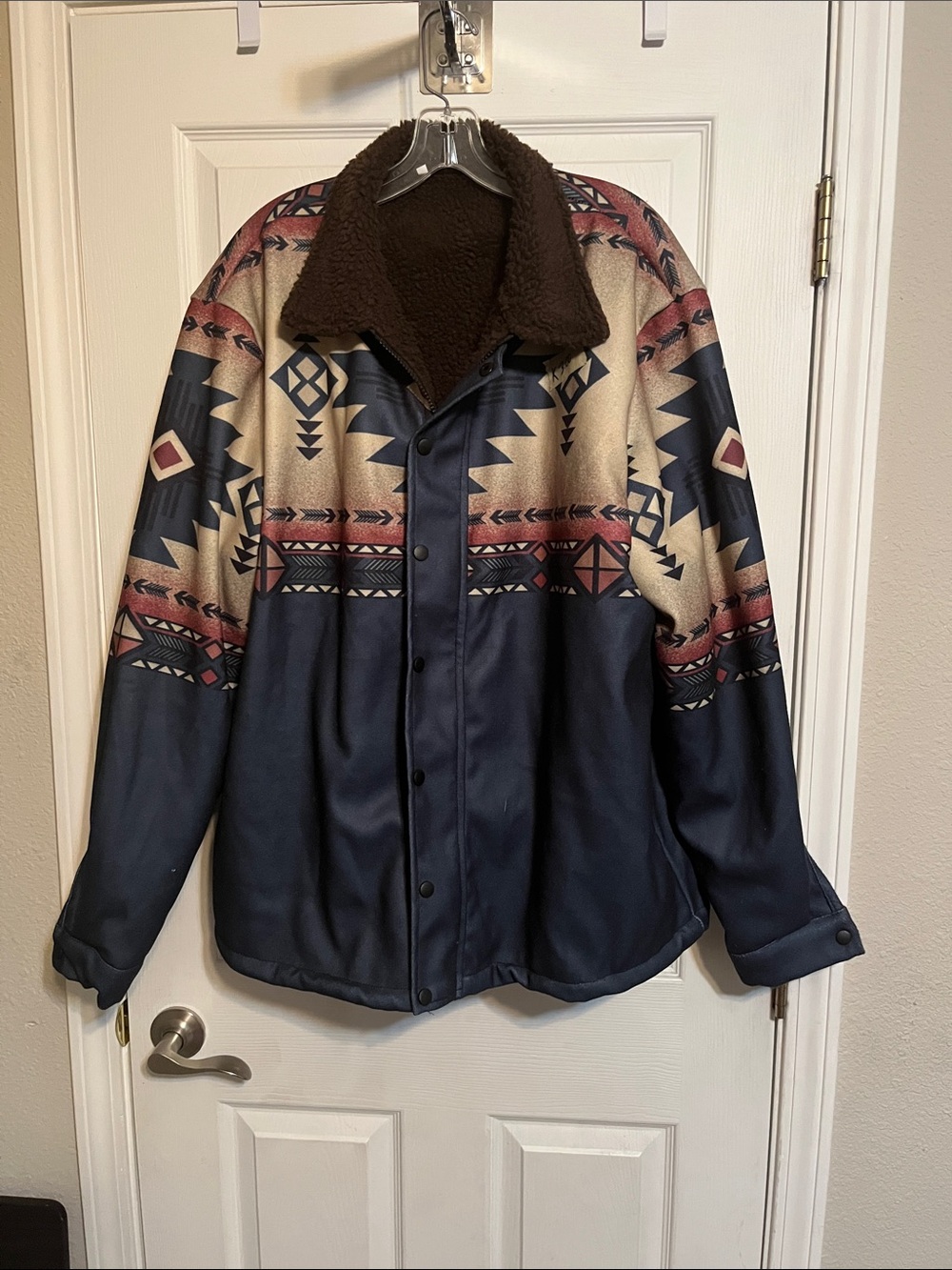 Men's Navy Patterned Shirt Jacket with Sherpa Collar